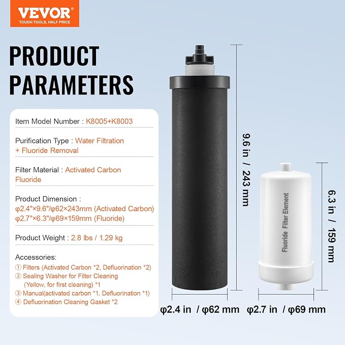 VEVOR Water Filters Replacement, Purification Elements, Replacement Filters, Gravity Water Filter System, Compatible with Most Brands, Pack of 4 (2 Activated Carbon Filter + 2 Defluorination Filter)