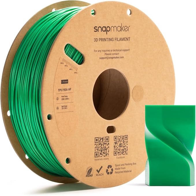 Snapmaker TPU Filament 1.75mm,TPU 95A HF 3D Printer Filament Flexible Soft with High Elasticity,High Speed Printing,Dimensional Accuracy +/- 0.03mm,1kg(2.2lbs) (Green)
