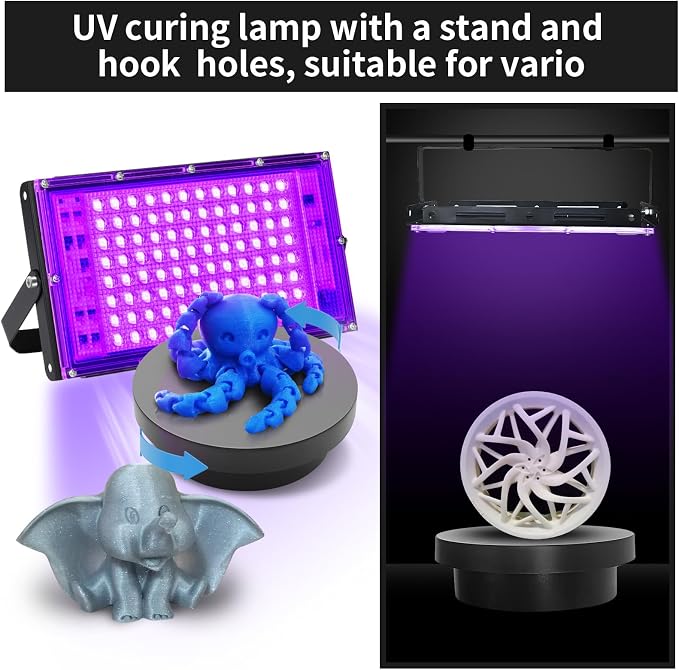 100W UV Resin Curing Light with Dual-Power 360° Rotating Turntable, 405nm UV Light for Resin, High-Power Lamp with 360° Adjustable Stand for SLA DLP LCD 3D Printers, DIY Curing Box