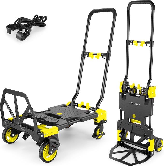 330LB Folding Hand Truck Moving Dolly, Hand Trucks Heavy Duty Combination of 4 Wheels and 2 Wheels Convertible Dolly Cart with Retractable Handle Dolly for Moving Office Carts(Yellow)
