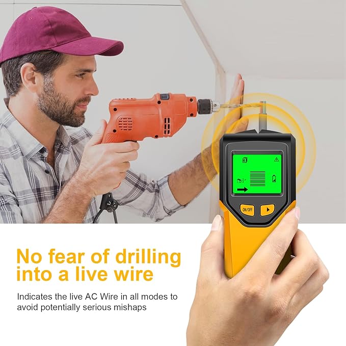 Stud Finder Wall Scanner - 5 in 1 Stud Finder Tool w/Smart Chip and HD LCD Display, Stud Detector Beam Finders for the Center and Edge of Wood AC Wire Metal Studs Joist Pipe (Yellow Feathers)