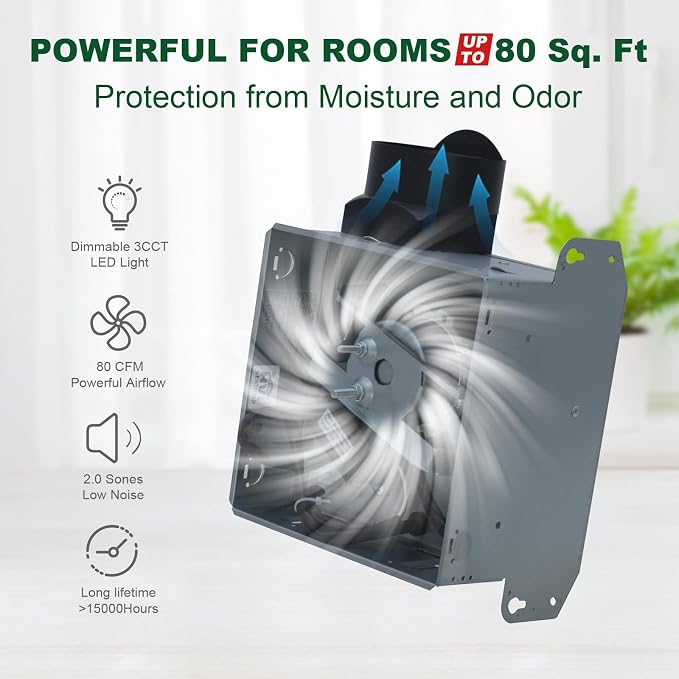 Akicon Bathroom Exhaust Fan with Light, 80 CFM 2 Sones Round Bathroom Fans Light Combo, Dimmable 3CCT LED Shower Lights Vent Fan with Acrylic Cover for Medium Room(Matte Black)
