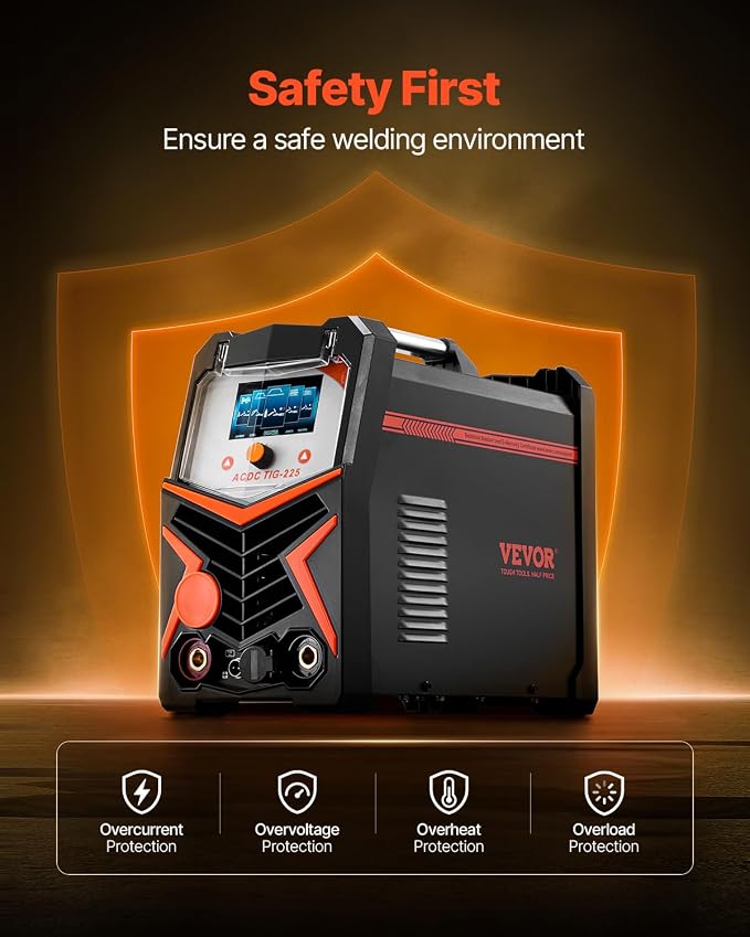 VEVOR TIG Welder, 225A 6-In-1 Aluminum Welding Machine (Large LED Display)- AC TIG/DC TIG/AC Pulse TIG/DC Pulse TIG/Spot TIG/MMA(Stick), 110&220V Dual Voltage Electric Welder with IGBT Inverter