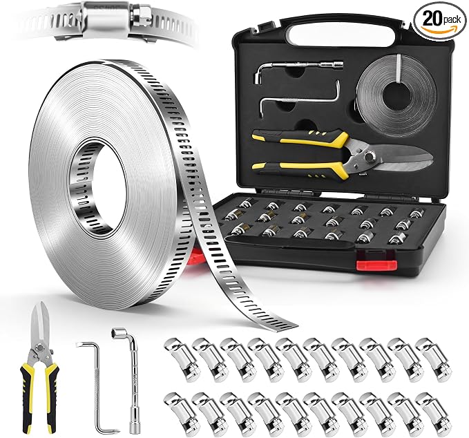 Hose Clamps Stainless Steel, Cut-To-Fit 32.81FT Metal Strap and 20 Fasteners, Worm Gear Drive Hose Clamp Metal Fuel Line Pipe Clamp for Plumbing, Automotive And Mechanical Application