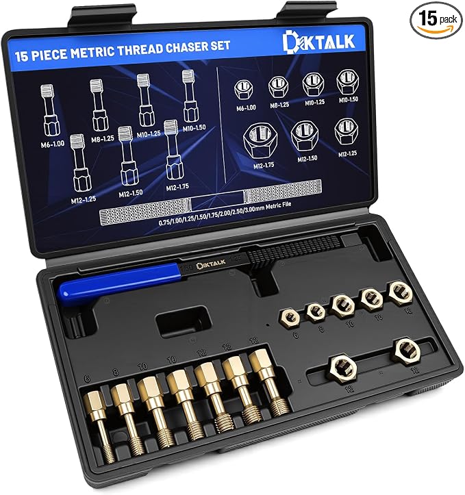 15-Piece Metric Thread Chaser Set,Master Thread Repair Kit with 7 Taps 7 Dies & Thread File,M6, M8, M10, M12,Automotive Rethreading Tool with Case