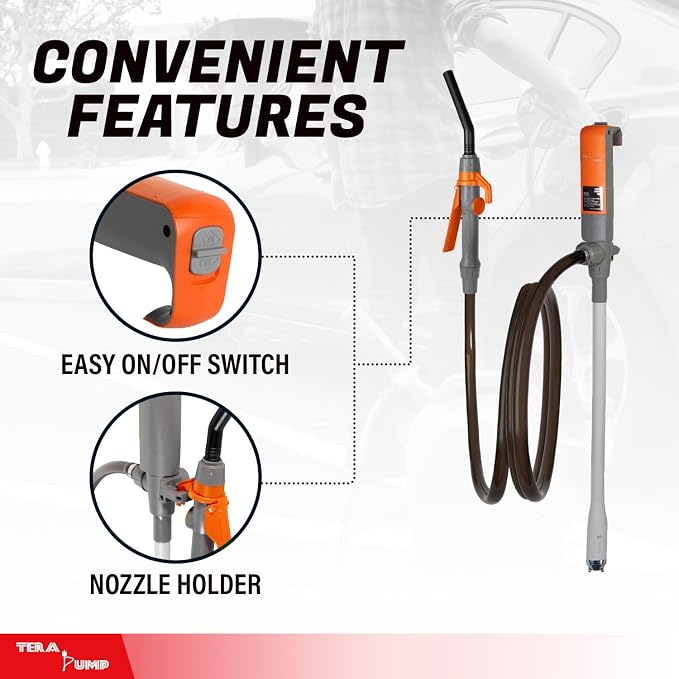 TERA PUMP 3rd Gen. Fuel Transfer Pump w/Quick Flow Control Nozzle - [ 2X Electric Power Options ] 12V AC/DC Plug-in & DC Inverter Clips, 8.2FT Discharge Hose, Gas, Diesel, Water (2.4 GPM)