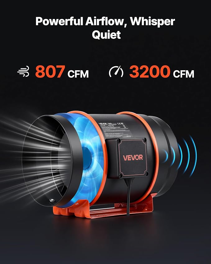 VEVOR Inline Duct Fan Kit with Carbon Filter, 807 CFM 8 inch EC Motor Ventilation Fan with 3-Speed Circulation, 10-Speed PWM Controller, Timer, Cooling for Grow Tents, Indoor Gardening, Hydroponics