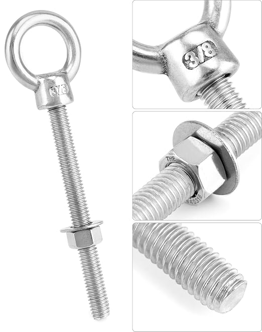 QWORK 316 Stainless Steel Machinery Eye Bolt with Shoulder, 5 Pack 3/8" x 4" Long Stainless Steel Marine Grade Shoulder Eye Bolt, Threaded Eyebolts