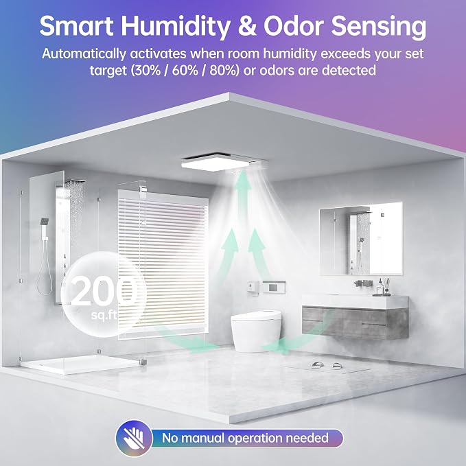 VallisCo Bathroom Exhaust Fan with Light, Bluetooth Speaker, Odor & Humidity Sensors, 230 CFM Quiet Ceiling Fan with 3 Dynamic RGB Lighting, 3CCT - Remote App Control - Compatible with Alexa