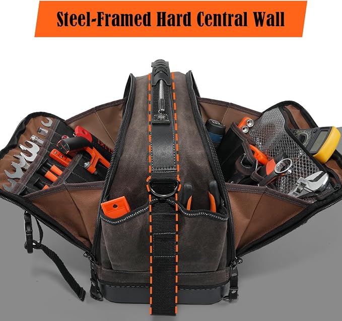 WELKINLAND 53Pockets Hard-Bottom HVAC Bag, Heavy-Duty Electrician Tool Bag,Waterproof Waxed Canvas Tools Bags, Top-Open 16 Inch Tool Bags,HVAC Service Bag For Men