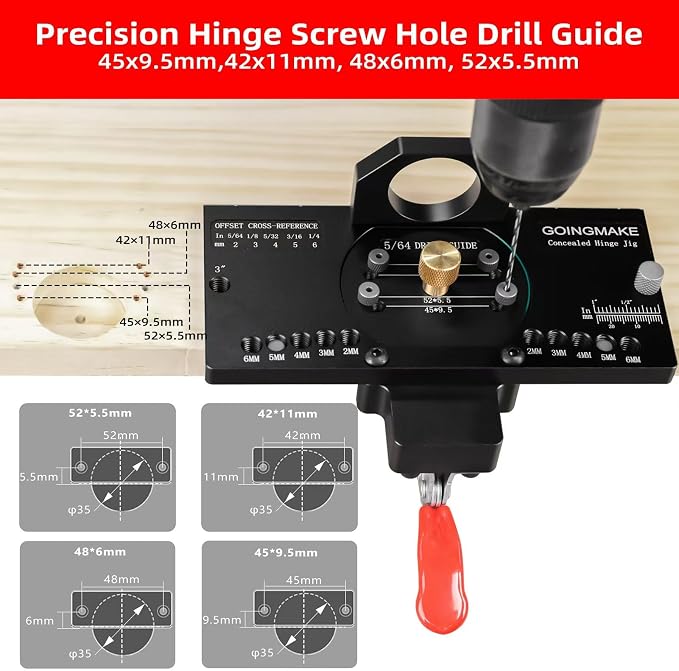 GOINGMAKE Metal Concealed Hinge Jig with Quick Clamp and Dust Vacuum Adapter - 35mm Cabinet Hinge Drilling Jig for Woodworking Door Cabinet Hinges Mounting Tool