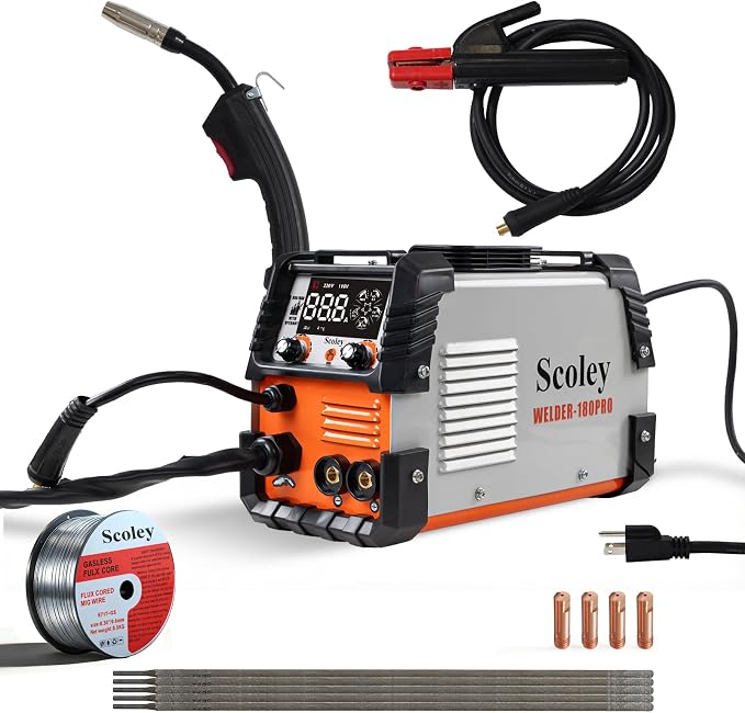 5-in-1 MIG Welder 110V/220V, 180A Aluminum Welder/Gas MIG/Flux Core Welder/Lift TIG/Stick Welding Machine with IGBT Inverter Synergic Control, Large Digital Display, Welding Gloves & Mask