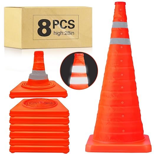 TENKAIWICK 28 Inch 8 Pack Traffic Cones, Collapsible Safety Cones, Multi Purpose Pop-up Cones with Reflective Collar, Orange Cones for Parking lot, Driveway, Driving Training etc