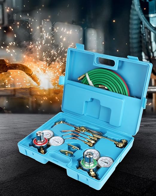 Oxy Acetylene Torch Kit, Cutting Torch Kit, Gas Welding Kits, Professional Brazing Set, Portable Oxygen Acetylene Welder Set Include Nozzles, Regulator, Hoses, Check Valves, Gauges, Storage Case Blue