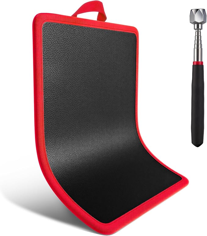 Flexible Magnetic Tool Mat with handles, 12.8" x9.5" Non-Slip Magnetic Tool Organizer & &Telescoping Magnetic Tool, Magnetic Tool Mat for Mechanics, Garage, Workshop & Auto Repair(Red)