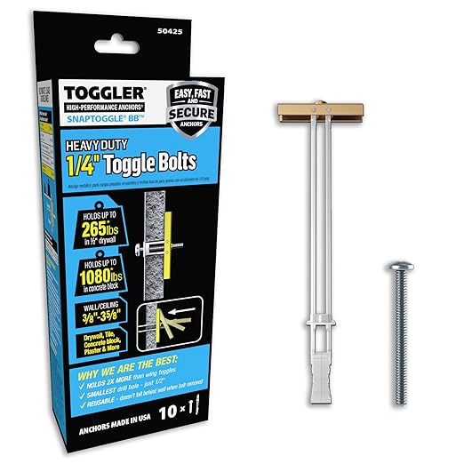 TOGGLER SNAPTOGGLE BB Toggle Anchor with Bolts, Zinc-Plated Steel Channel, Made in US, 3/8" to 3-5/8" Grip Range, For 1/4"-20 UNC Fastener Size (Pack of 10)