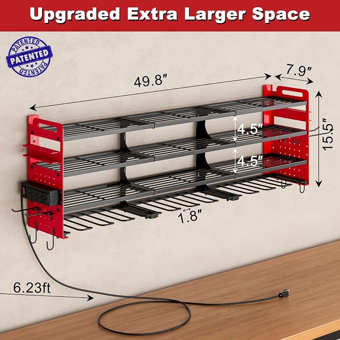 12 Cordless Drill Holder Large Power Tool Organizer Wall Mount with Side Pegboard & Screwdriver Holder, 4-Tier Heavy Duty Metal Tool Storage Rack with 4-Outlet Power Strip