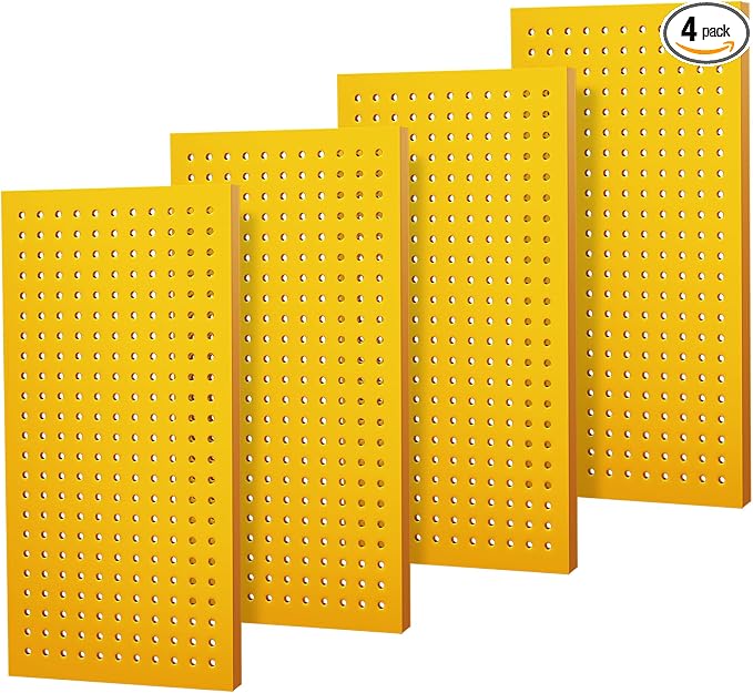 Metal Peg Board Panels, Pegboard Panels, Heavy Duty Pegboards | 4 Pack Yellow Peg Boards, Wall Organizer For Workbench, Shop, Shed, Modular Organizer Board Kit, Wall Organizer