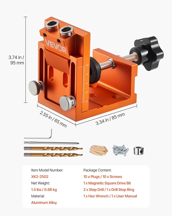 VEVOR Pocket Hole Jig Kit, 0.47 to 1.89 in Adjustable, Jig Pocket Hole System with Step Drill, Hex Wrench, Drill Stop Ring, Square Drive Bit, Plugs and Screws, Reinforced Metal Frame, for Woodworking