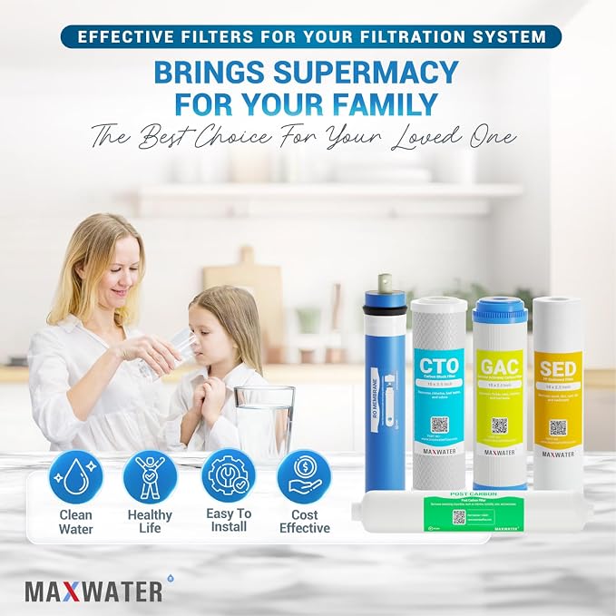 Max Water Replacement Filter Set for Standard 5 Stage Reverse Osmosis Water filter System 50 GPD RO Membrane Filters - 12 Pack - 10 inch Standard Size Water Filters