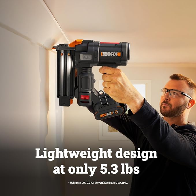 WORX Brad Nailer Cordless, 20V 18 ga Brushless Nail Gun Cordless, High Driving Power, Up to 2-⅛" into Hardwood, Narrow Nose, 3 LEDs, Tool Only, PowerShare WX838L.9