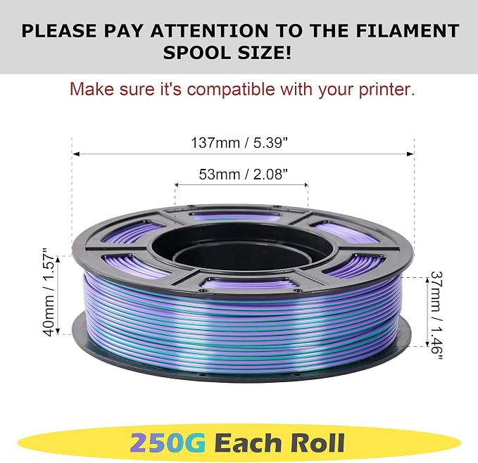 Silk Dual Color PLA 3D Printer Filament Bundle, 1.75mm Magic Coextruded Shiny Printing Filament, 4 Pack 250g Mini Spools 1kg Total - Cyan/Gold, Green/Purple, Gold/Rose, Red/Blue