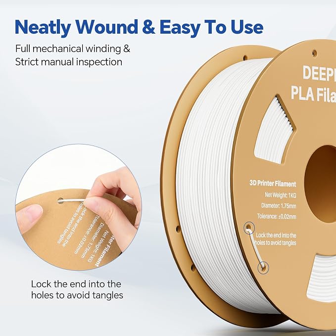 PLA 1.75mm 3D Printer Filament, Dimensional Accuracy +/- 0.02mm, Neatly Wound, No Clogging, Vacuum Package, Fits for Most FDM 3D Printers, Cardboard Spool 1kg White