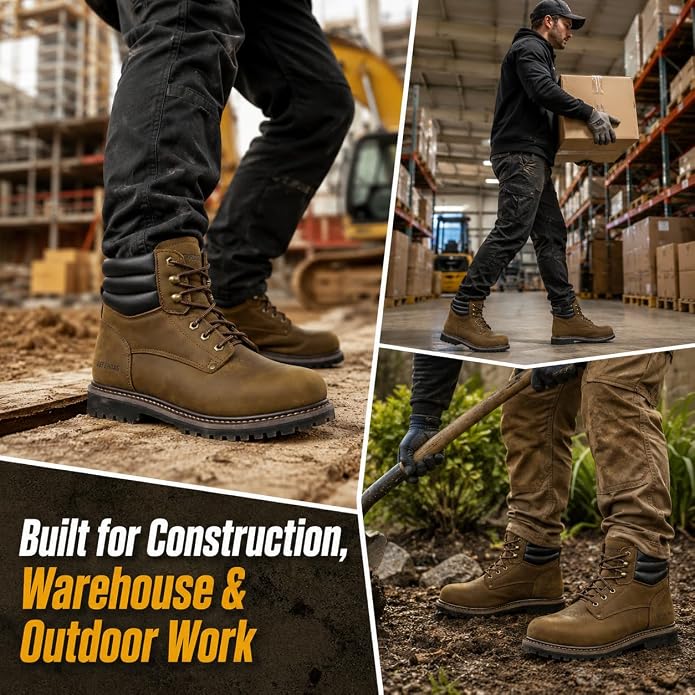 Men's 6" Leather Steel Toe Work Boots for Men, Oil/Slip Resistant Rubber Sole, Men's Safety Construction Boots. 84710