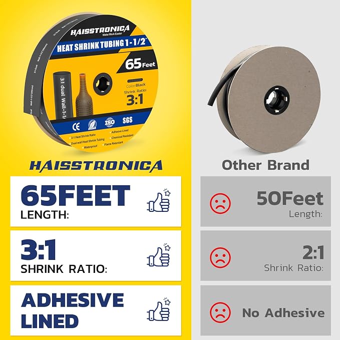 haisstronica 3:1 Heat Shrink Tubing, Shrink Ratio Adhesive Lined Marine Grade Heat Shrink Tube for Home, Automotive and Industrial (Black) 65FT 1-1/2inch