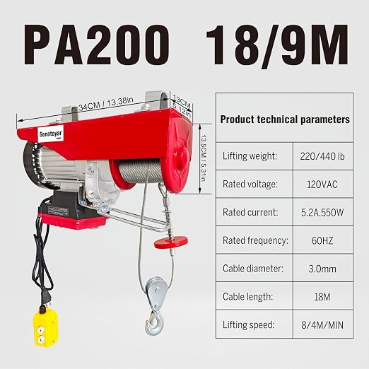 Electric Hoist 2 in 1-440lbs Electric Hoist Winch with 98ft Wireless Control&Wired Remote Control,110v Electric Hoist 59ft/29.5ft Lifting Height for Garage Warehouse Factory,Single/Double Slings