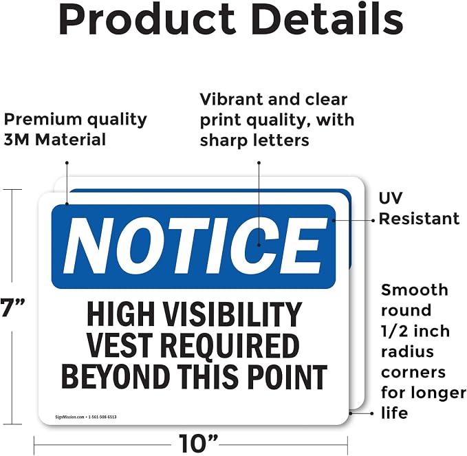 (2 Pack) High Visibility Vests Required Beyond This Point OSHA Notice Sign 10 Inch X 7 Inch Vinyl Label Decal Sticker Weather Resistant, UV Protected for Workplace, Business, and Construction Site, Made in the USA