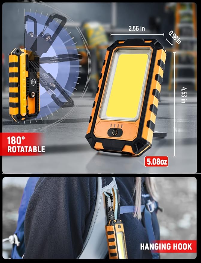 innofox LED Rechargeable Magnetic Work Light 1500Lumens, Hanging Hook 4 Lighting Modes, Job Site Lighting for Car Repairing, Camping, Hunting, and Hurricane(Orange)