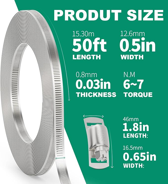 OURU 50FT Hose Clamps,304 Stainless Steel Hose Clamp Assortment Kit DIY Metal Strapping with Holes+20 Fasteners,Adjustable Worm Gear Large Hose Clamps Metal Band Screw Clamp Straps for Pipe,Duct,Tube
