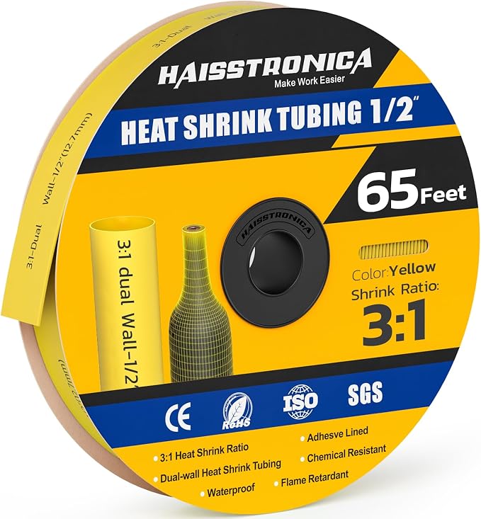 haisstronica 3:1 Heat Shrink Tubing, Shrink Ratio Adhesive Lined Marine Grade Heat Shrink Tube for Home, Automotive and Industrial (Yellow) 65FT 1/2inch