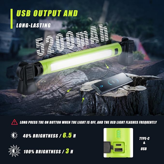 Work Light, 3000LM Bright LED Work Lights, 5200mAh Rechargeable Magnetic Underhood Work Light, Portable IP54 Waterproof Mechanic Light w/Outlet for Car Repairing/Garage/Workshop/Emergency