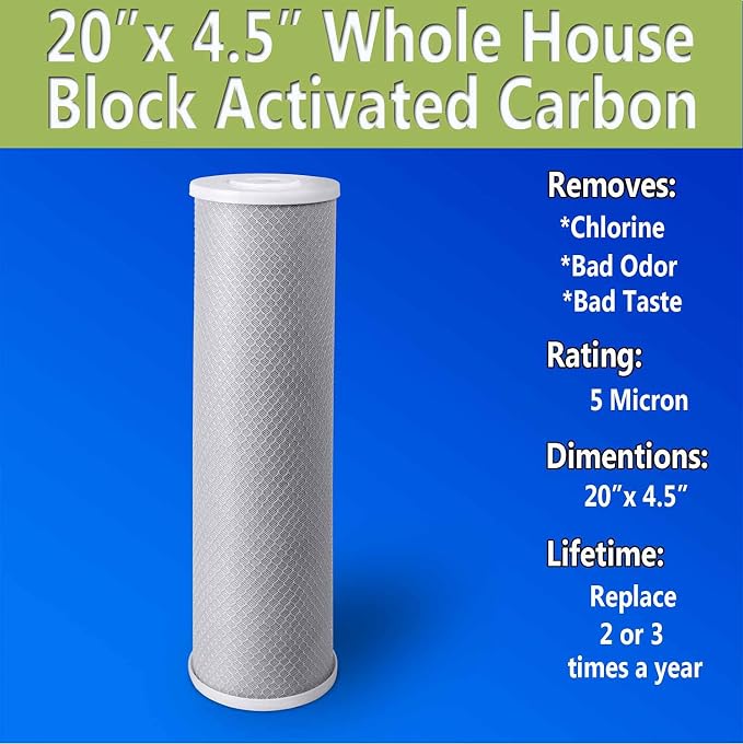 High Capacity Coconut Shell Carbon Block Water Filter 5 Micron Cartridge 4.5" x 20" for Universal Whole House System WELL-MATCHED with CB-45-2005, FC25B, FLTWH2045C02 and PRL-RCL (6 Pack)