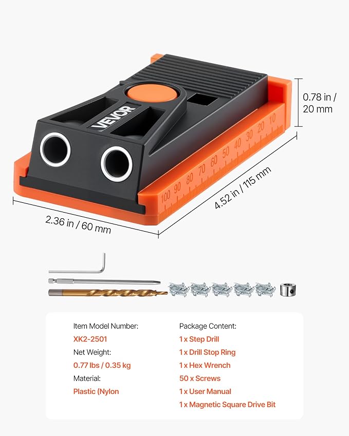 VEVOR Pocket Hole Jig Kit, 1/2 to 1-1/2 in Adjustable, Mini Jig Pocket Hole System with Step Drill, Hex Wrench, Drill Stop Ring, Square Drive Bit, and Screws, Reinforced Nylon Frame, for Woodworking