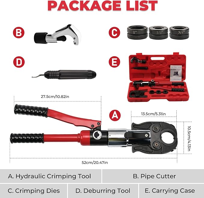 Copper Pipe Crimping Tool,Hydraulic Crimping Tool with 1/2", 3/4", 1" Jaws,Copper Tube Fittings Pipe Crimpers for Narrow Spaces and Tee Fittings