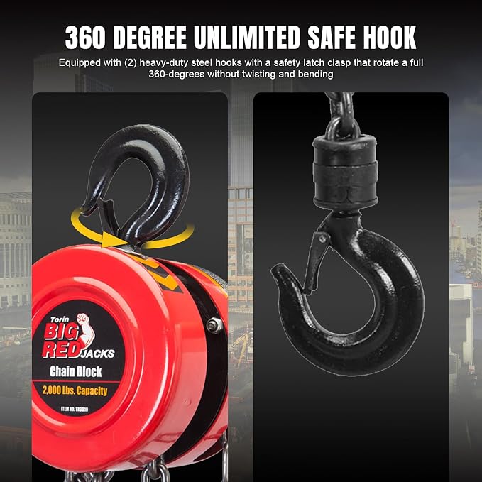 BIG RED Hand Chain Hoist 1 Ton 2000 Lbs Capacity 8ft/2.5m Torin Manual Chain Fall with 2 Heavy Duty Hooks, for Warehouse Automotive Machinery, Red, ATR9010R