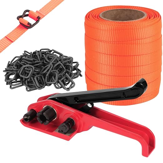 Woven Cord Banding Kit Pallet Packaging Tool 3/4" x 147' Strapping, 60pcs Metal Phosphate Cord Strapping Buckles Heavy Duty Tensioner Kit by LOCXVE