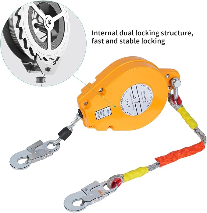 50FT Self Retracting Lifeline, Adjustable Retractable Lifeline Fall Protection Rope, Heavy Duty Retractable Lanyard, Roofing Lifelines, Industrial Fall Arrest Retractor