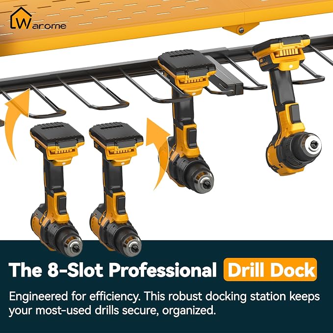 Warome Tool Organizer with Charging Station, Power Tool Rack Wall Mount with 8-Outlet Power Strip, Tool Storage for Garage with 8 Cordless Drill Holders, Battery Utility Shelf in Yellow