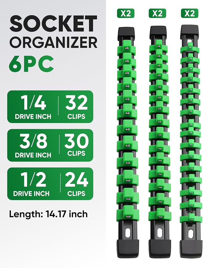 ALOANES 6PC Socket Organizer, Socket Rails Fit 1/2", 1/4" and 3/8" Drive | Heavy Duty ABS Socket Holders Hold up 86 Sockets for Mechanics Toolbox Drawer Bags(Green)