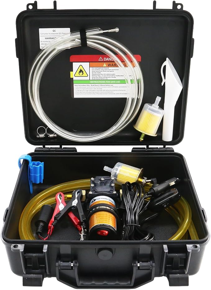 12V 75W Fuel Transfer Pump Set, gasoline transfer pump Moves Up to 110 Gallons Of Gas or Diesel Per Hour, with Patented Pulley Lead Pipe,for Vehicles, Boats, Equipment, UTV (110GPH, PRO SET)