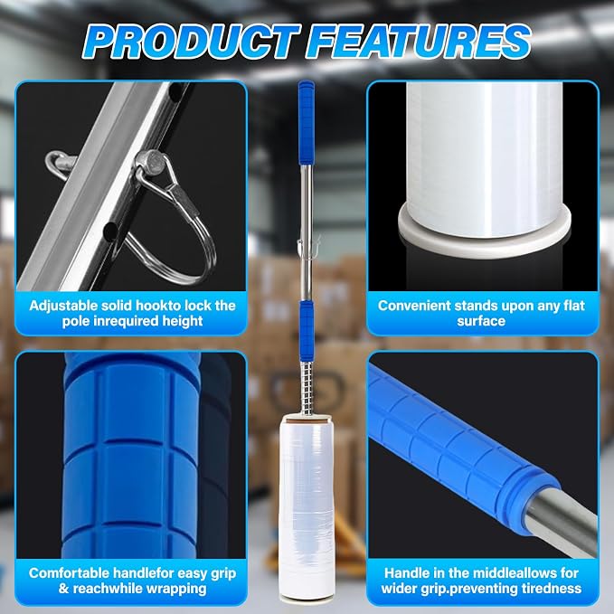 2-Pack Stretch Wrap Dispenser丨48 Inch Long Handle Pallet Wrap Tool丨Fits 12"-19" Film Rolls with 1.5"-3" Core丨Heavy Duty Aluminum Stretch Film Holder for Warehouse Shipping Packaging（Film Not Included）