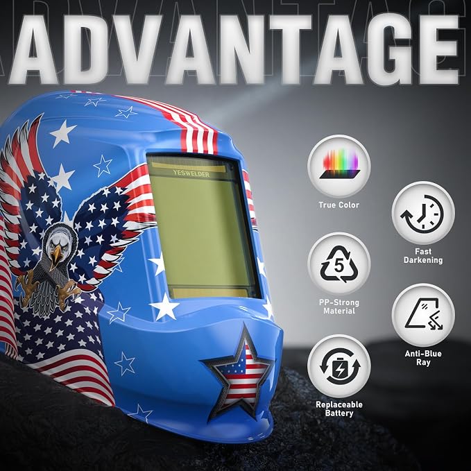 YESWELDER Large View Auto Darkening Welding Helmet, Blue Light Blocking, 1/1/1/1 True Color Solar Powered Welder Hood Mask with 4 Arc Sensors, Wide Shade 3/5-9/9-13 for TIG MIG ARC CUT and GRIND