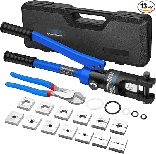 12 US TON Hydraulic Crimping Tool With Cable Cutters 10" And 13 PCS dies 1/8", 8 AWG - 4/0 AWG, 250 MCM - 600 MCM For hydraulic punch For Battery terminal crimper