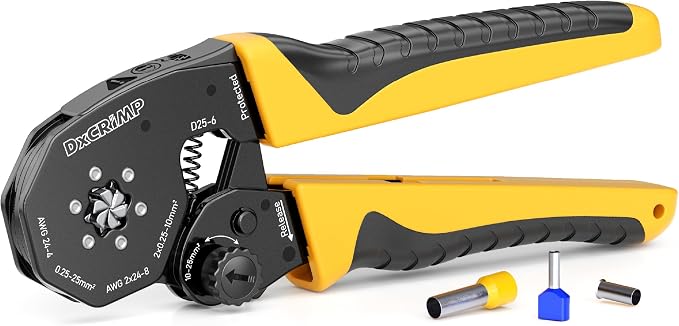 Hex Ferrule Crimping Tool for AWG 24-4(0.25-25mm²), Ratchet Crimper | Self-Adjusting, for Insulated, Uninsulated & Twin Wire Ferrules - For Home Electrical, Control Panels, Car Audio, Solar & RV