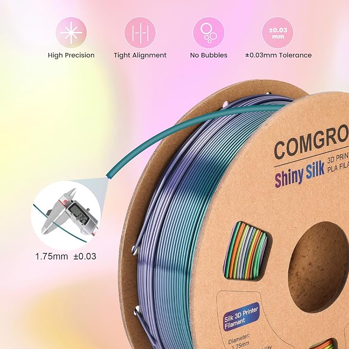 Comgrow Rainbow Colors Silk PLA 3D Printer Filament, PLA Filament 1.75mm, Dimensional Accuracy +/- 0.02 mm, 1KG Spool, Coextrusion 3D Filament with Shiny Silk Rainbow Yellow