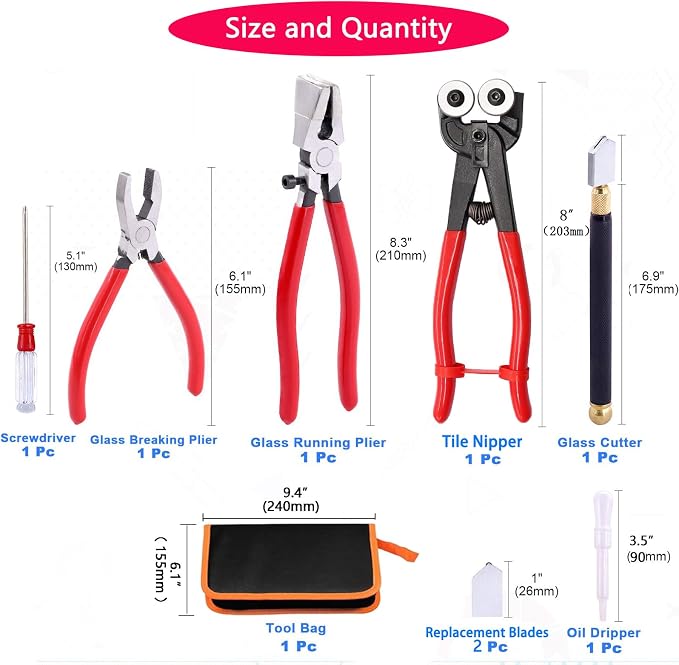 Tayfeim Glass Cutter Tool Glass Cutting Tool Set Kit with Glass Running Pliers Breaking Pliers Wheeled Tile Nippers, Glass Cutter for Stained Glass Mirror Tile Cut，Zipper Package